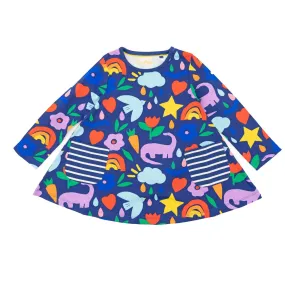 Mini Boden Girls Happy Dino Blue Long Sleeve Flare Dresses