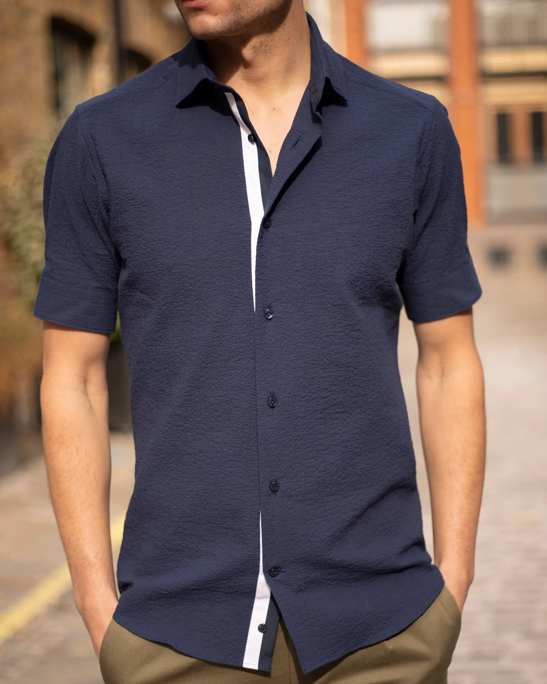 Navy Crushed Seersucker Twin-Trim Short Sleeve Shirt