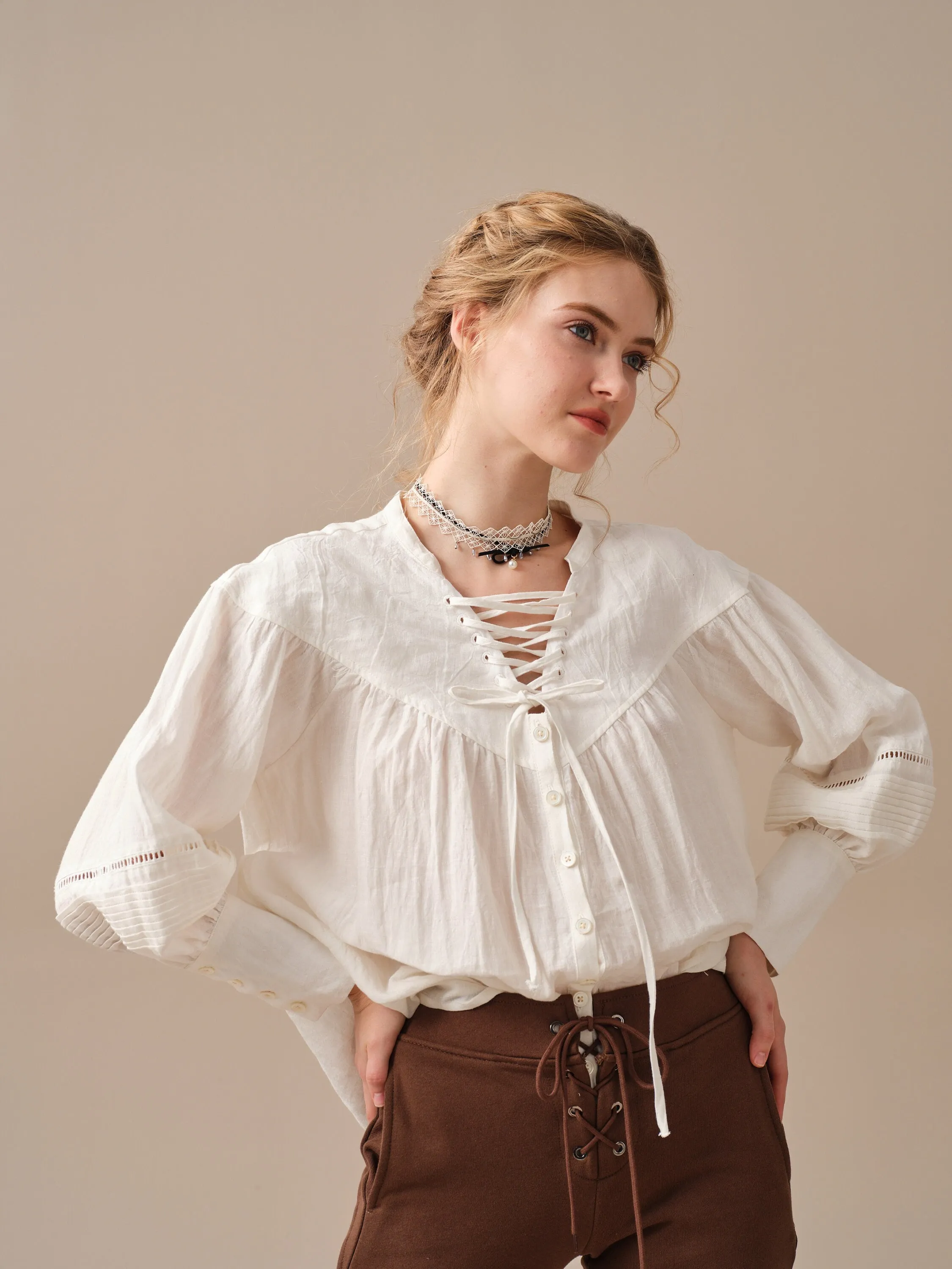 NERIA 21 | Lace up linen shirt blouse