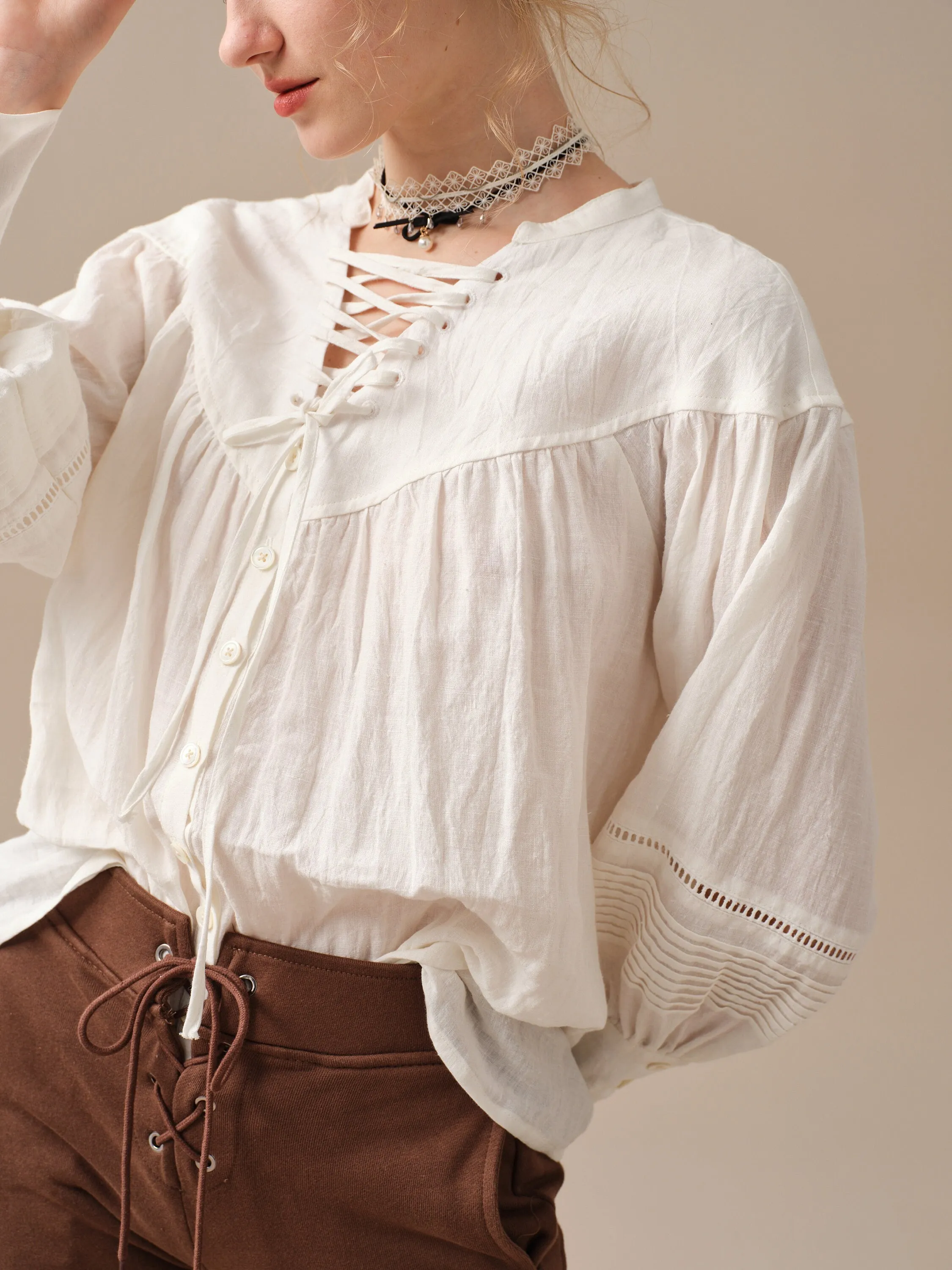 NERIA 21 | Lace up linen shirt blouse