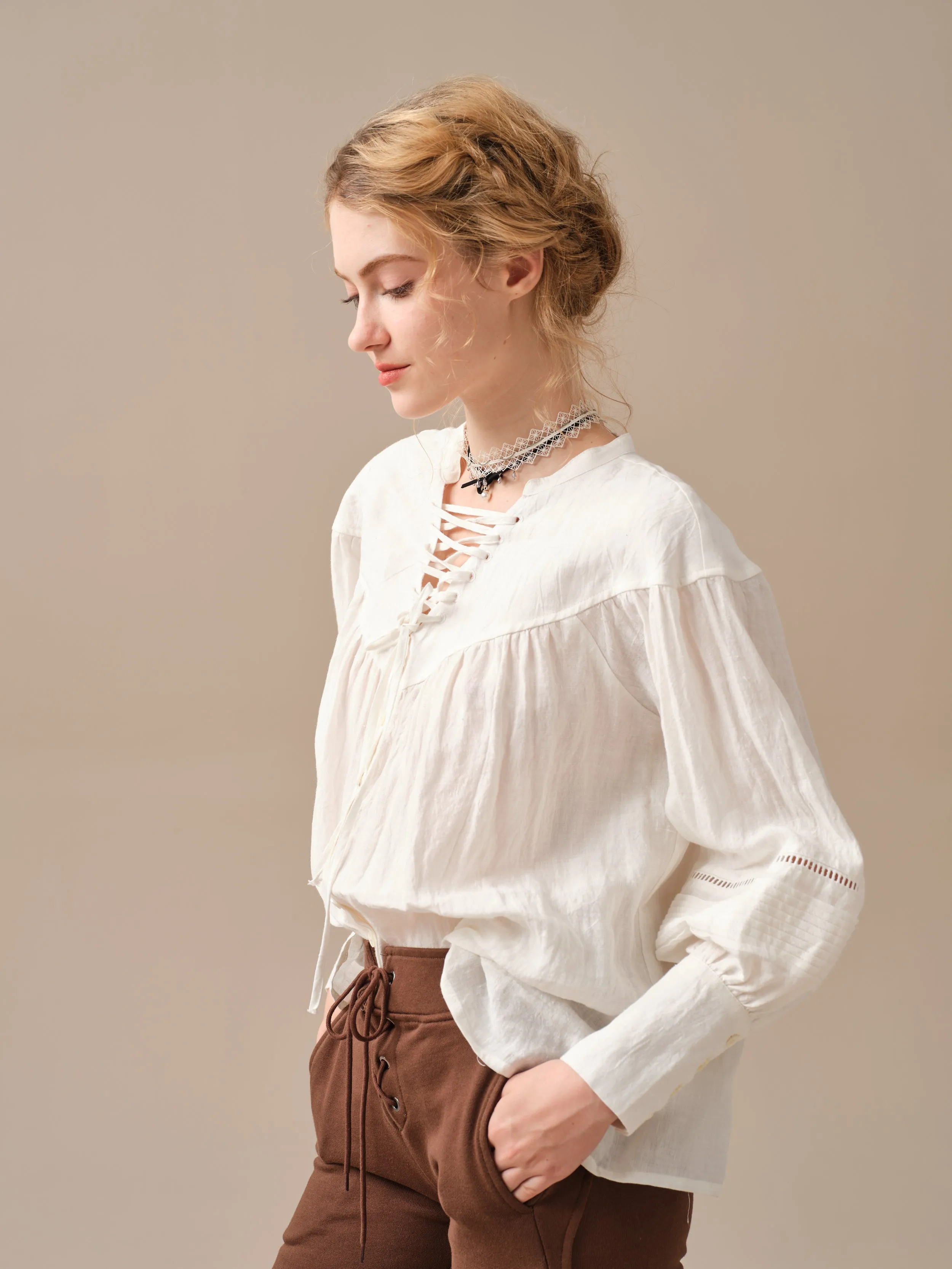 NERIA 21 | Lace up linen shirt blouse