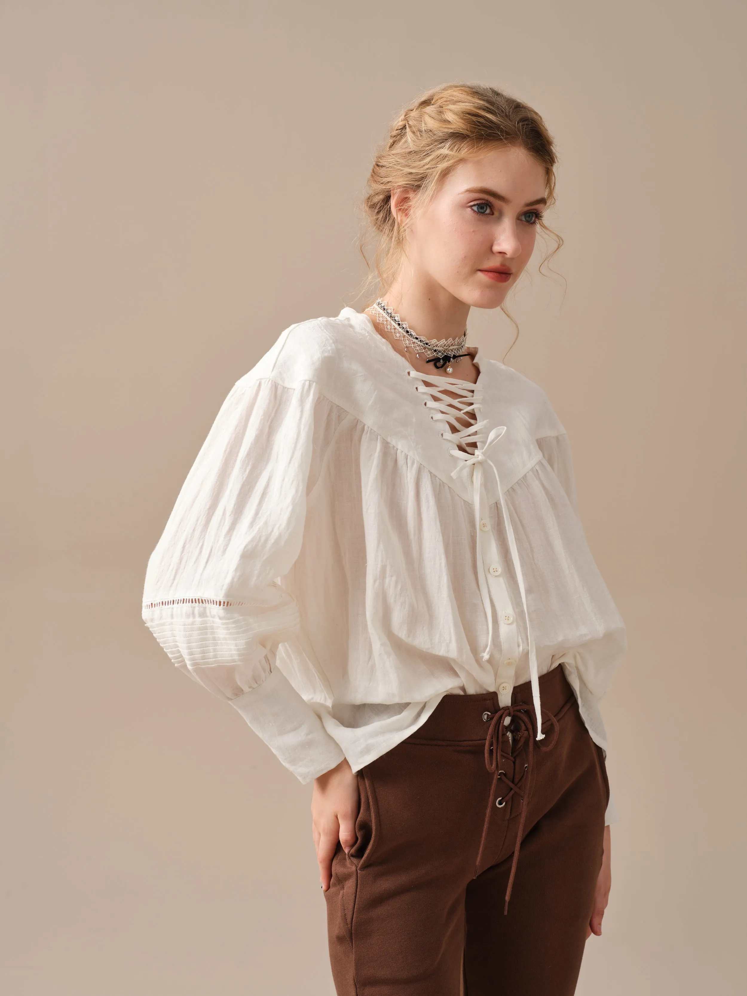 NERIA 21 | Lace up linen shirt blouse