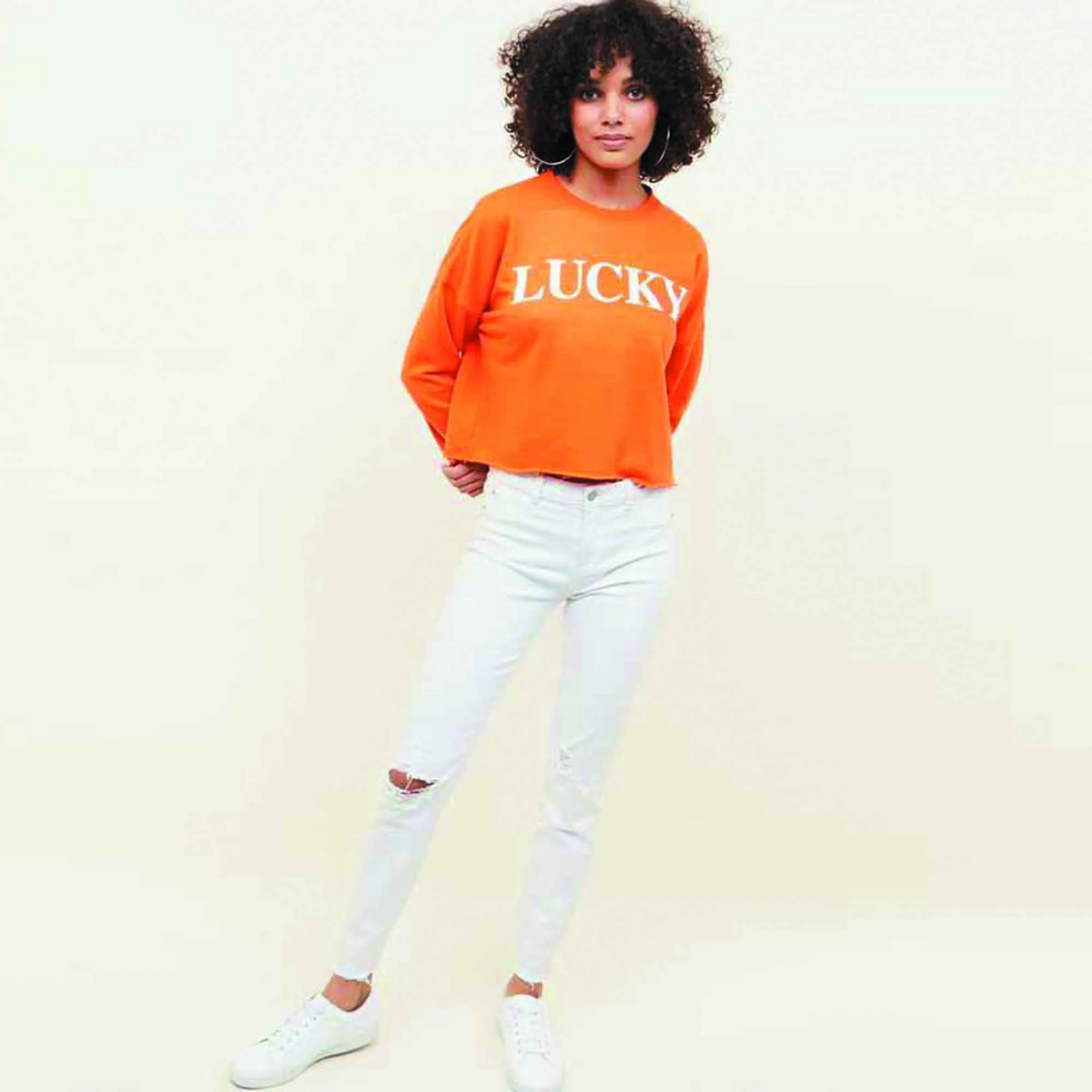 Newlook-Women 'Bright Orange' Lucky Slogan Cropped Sweatshirt NL703