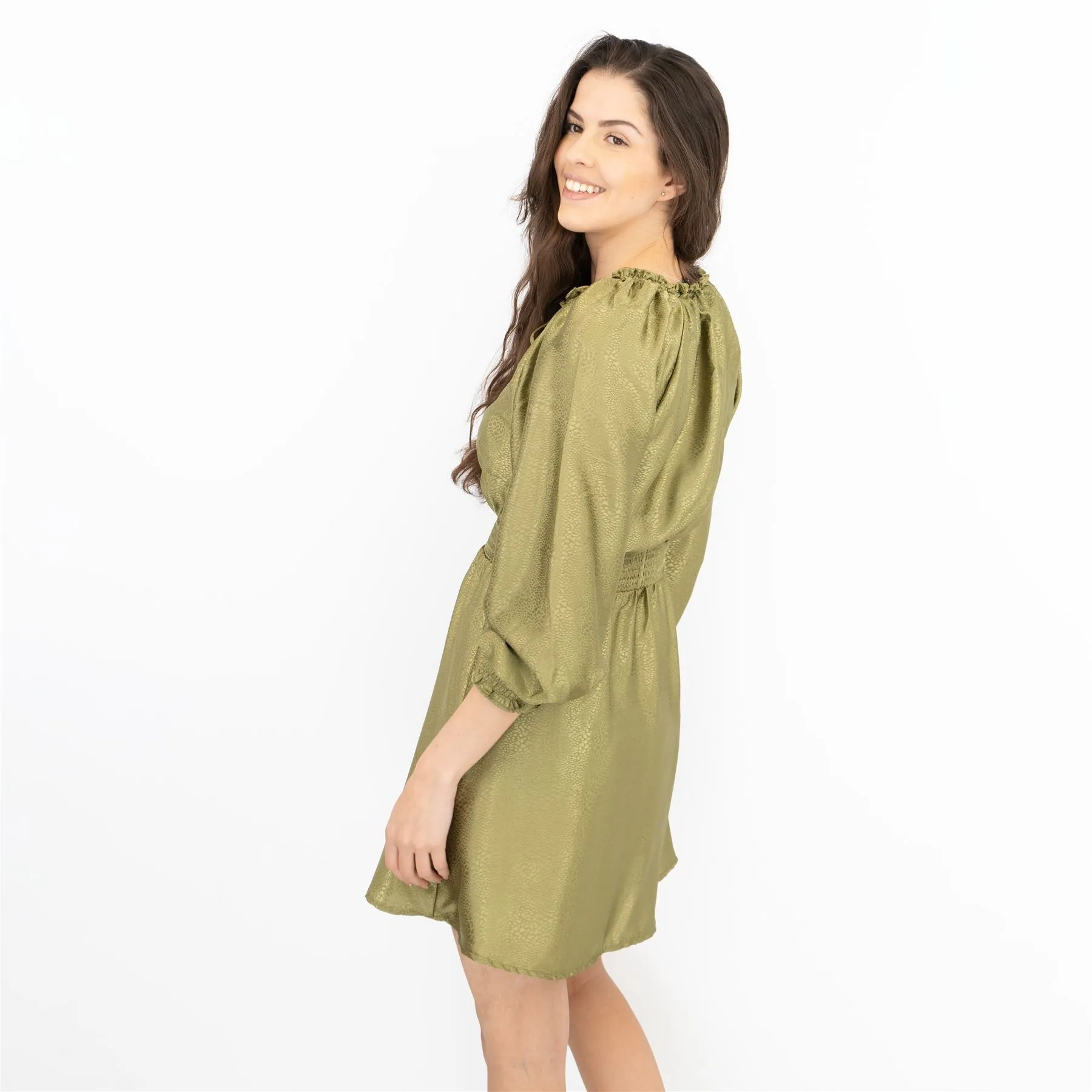 Next Long Sleeve Green Jacquard Flare Dress