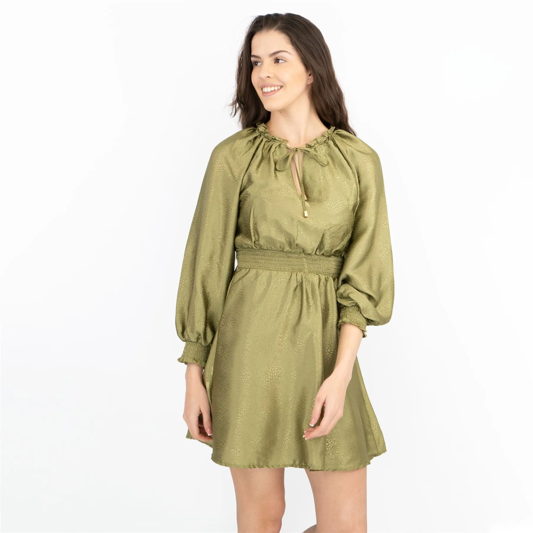 Next Long Sleeve Green Jacquard Flare Dress