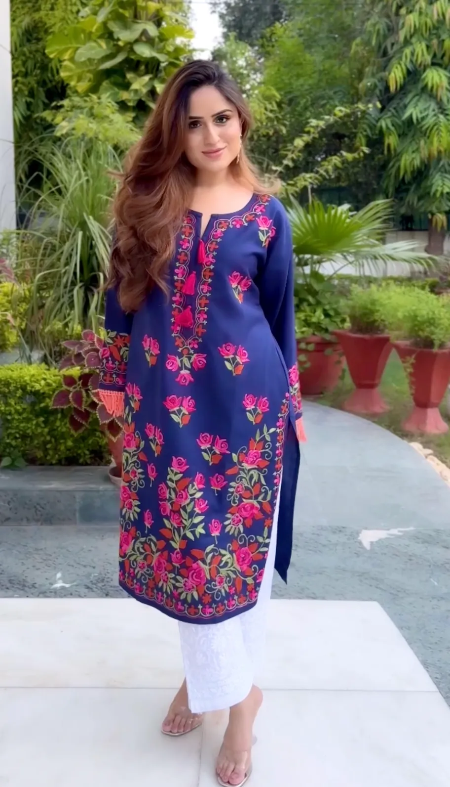 Nikita in Falak Kashmiri Long Kurta- Navy Blue