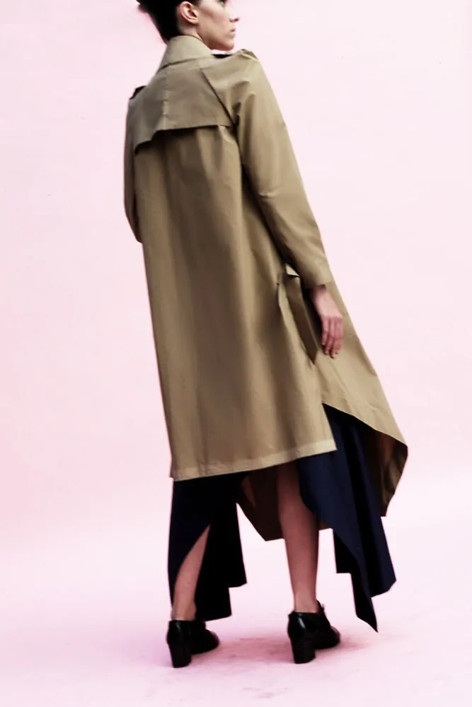 Origami Water Repellent Cotton Giabadine Trench Coat / Khaki