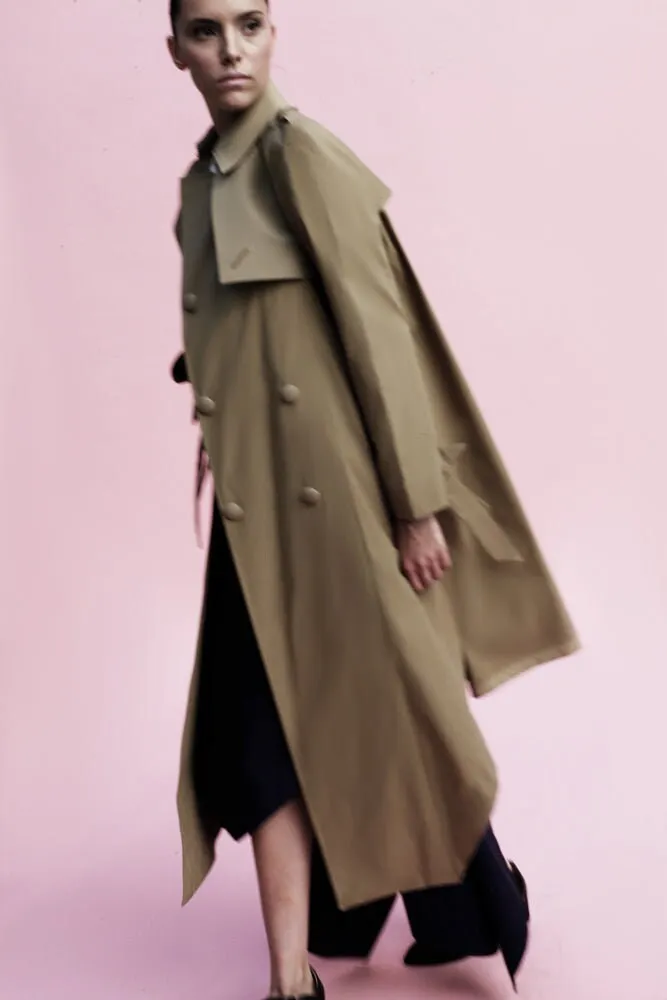 Origami Water Repellent Cotton Giabadine Trench Coat / Khaki