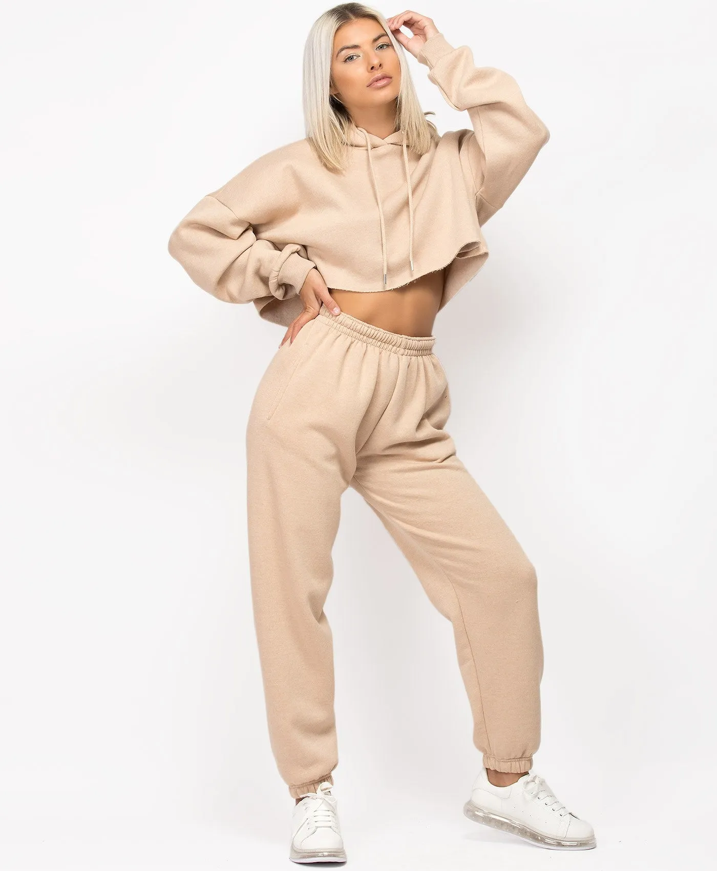 OVERSIZED CROPPED HOODIE & JOGGERS LOUNGEWEAR SET- SAND