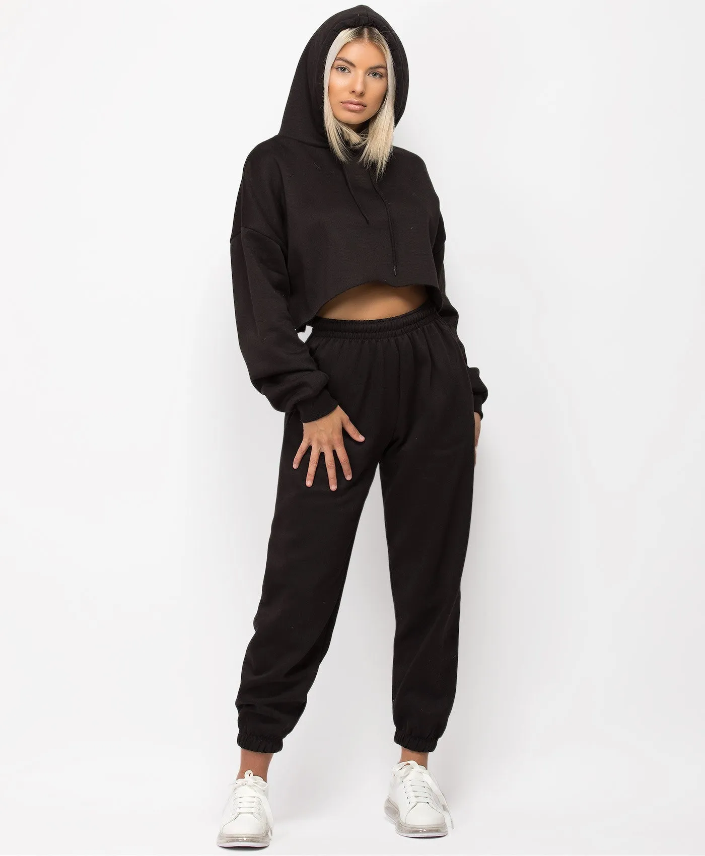 OVERSIZED CROPPED HOODIE & JOGGERS LOUNGEWEAR SET- BLACK