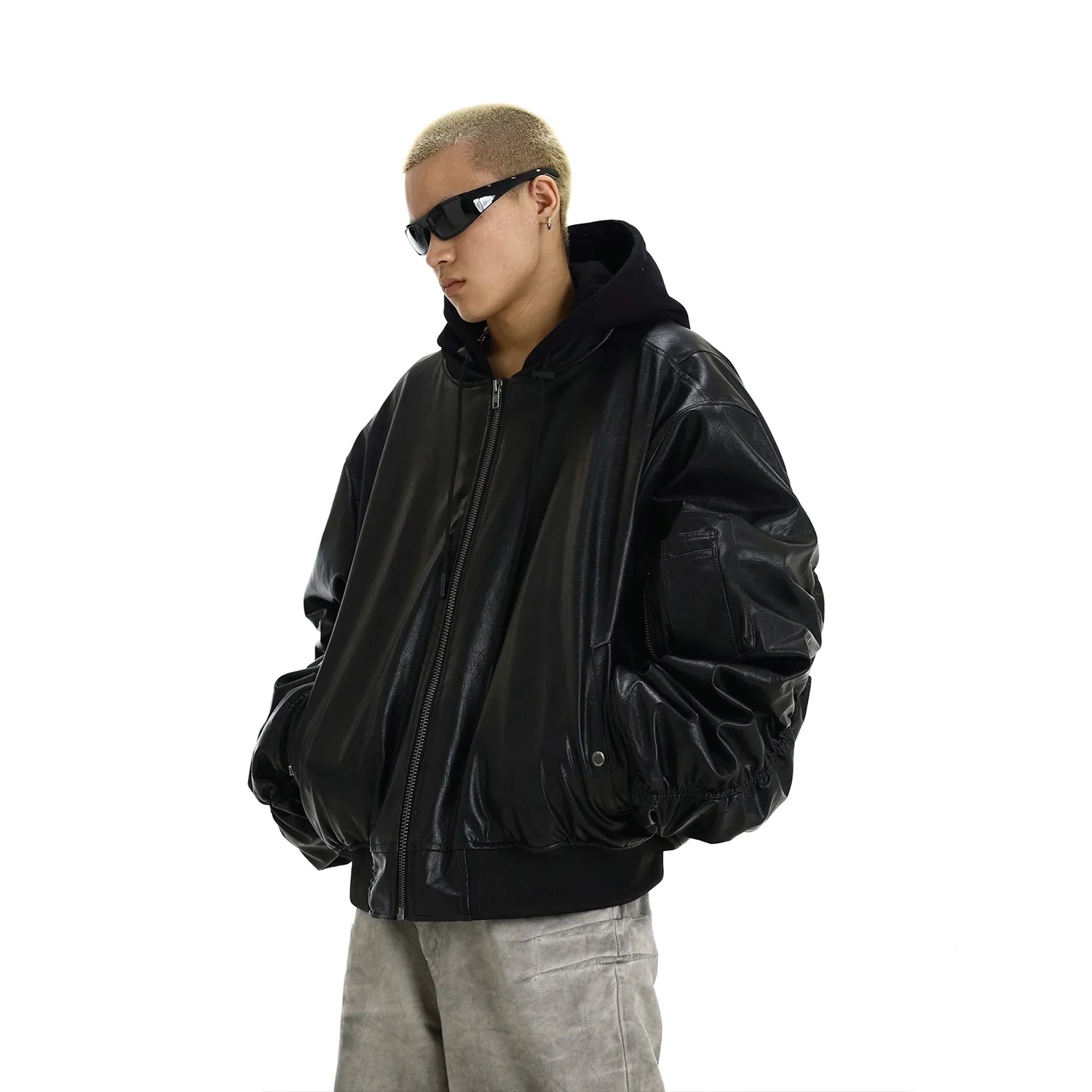 Oversized Hooded Faux Leather Bomber Jacket with Utility Pocket