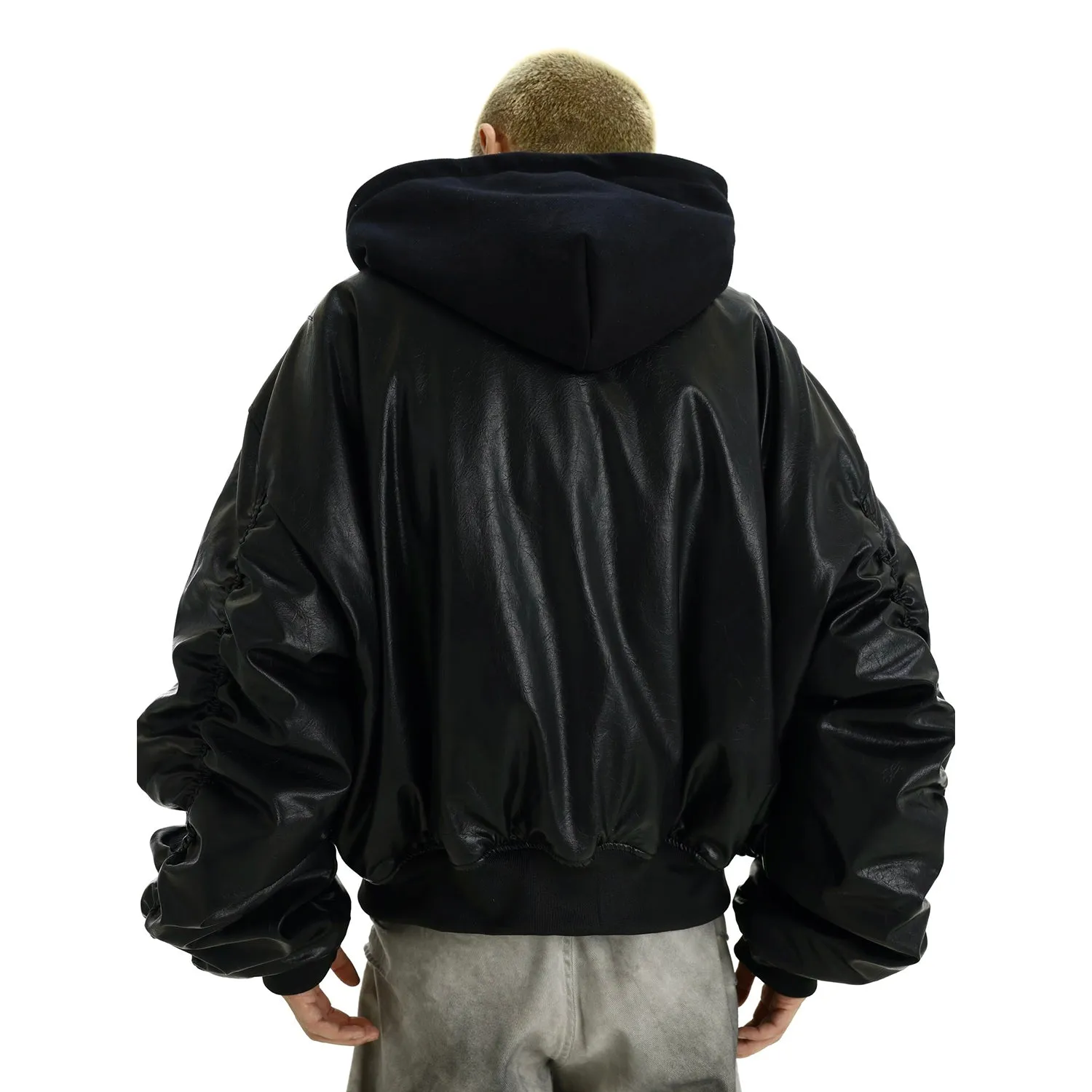 Oversized Hooded Faux Leather Bomber Jacket with Utility Pocket