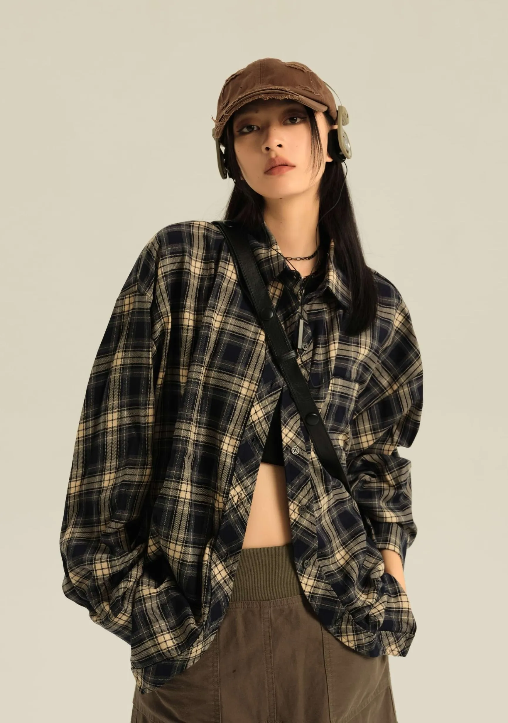 Oversized Single Pocket Plaid Shirt