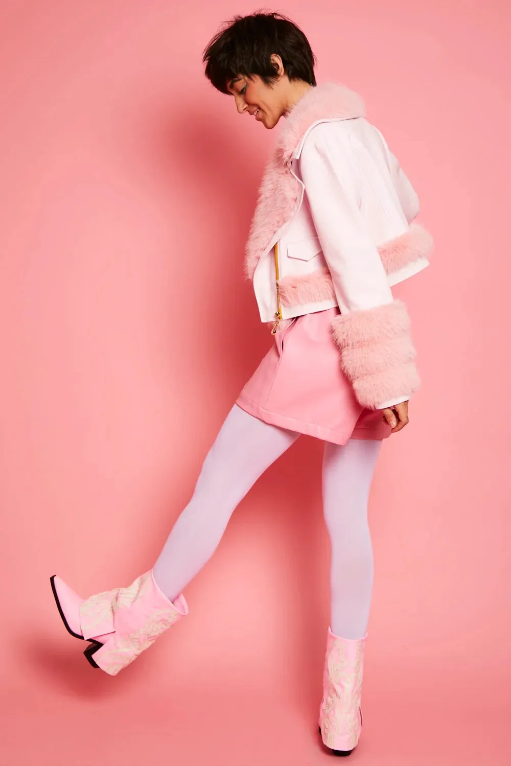 Pink Faux Leather Faux Fur Biker Jacket