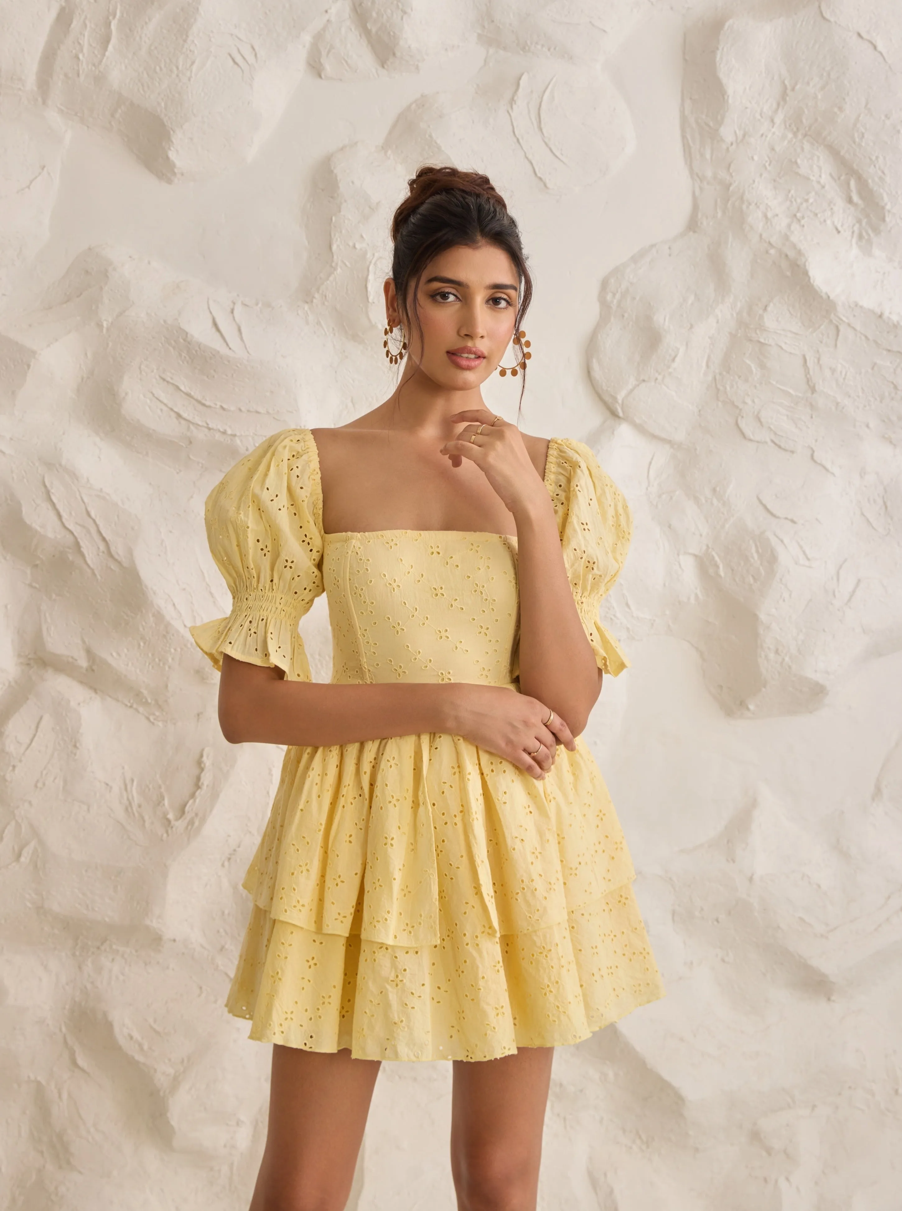 Pixie Yellow Schiffli Puff Corset Dress