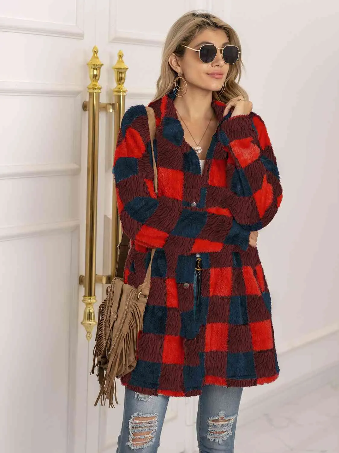 Plaid Collared Neck Longline Coat