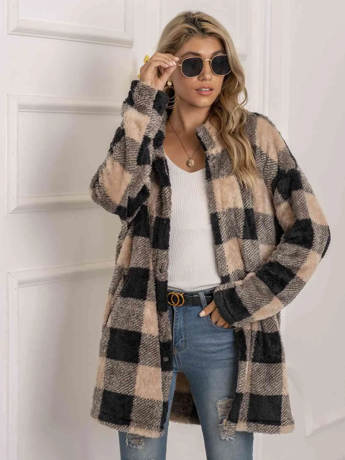 Plaid Collared Neck Longline Coat