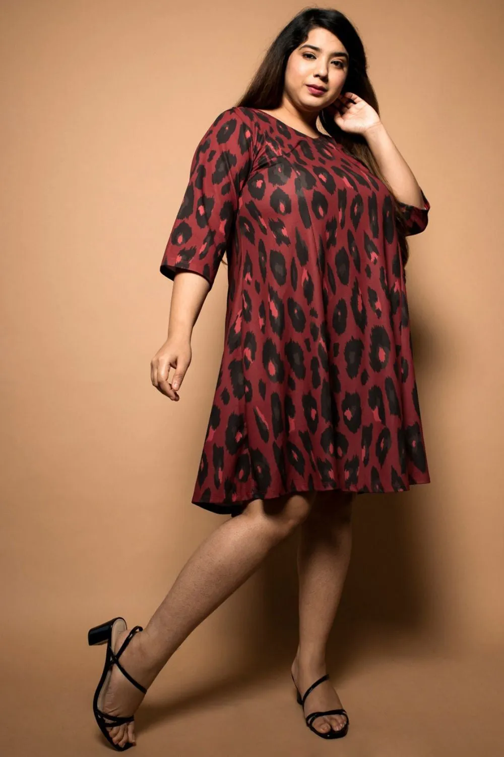 Plus Size Animal Print Red Fit And Flare Dress