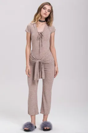 Rania Fawaz - Sand Deep V-neck Tie Waist Cotton Jumpsuit