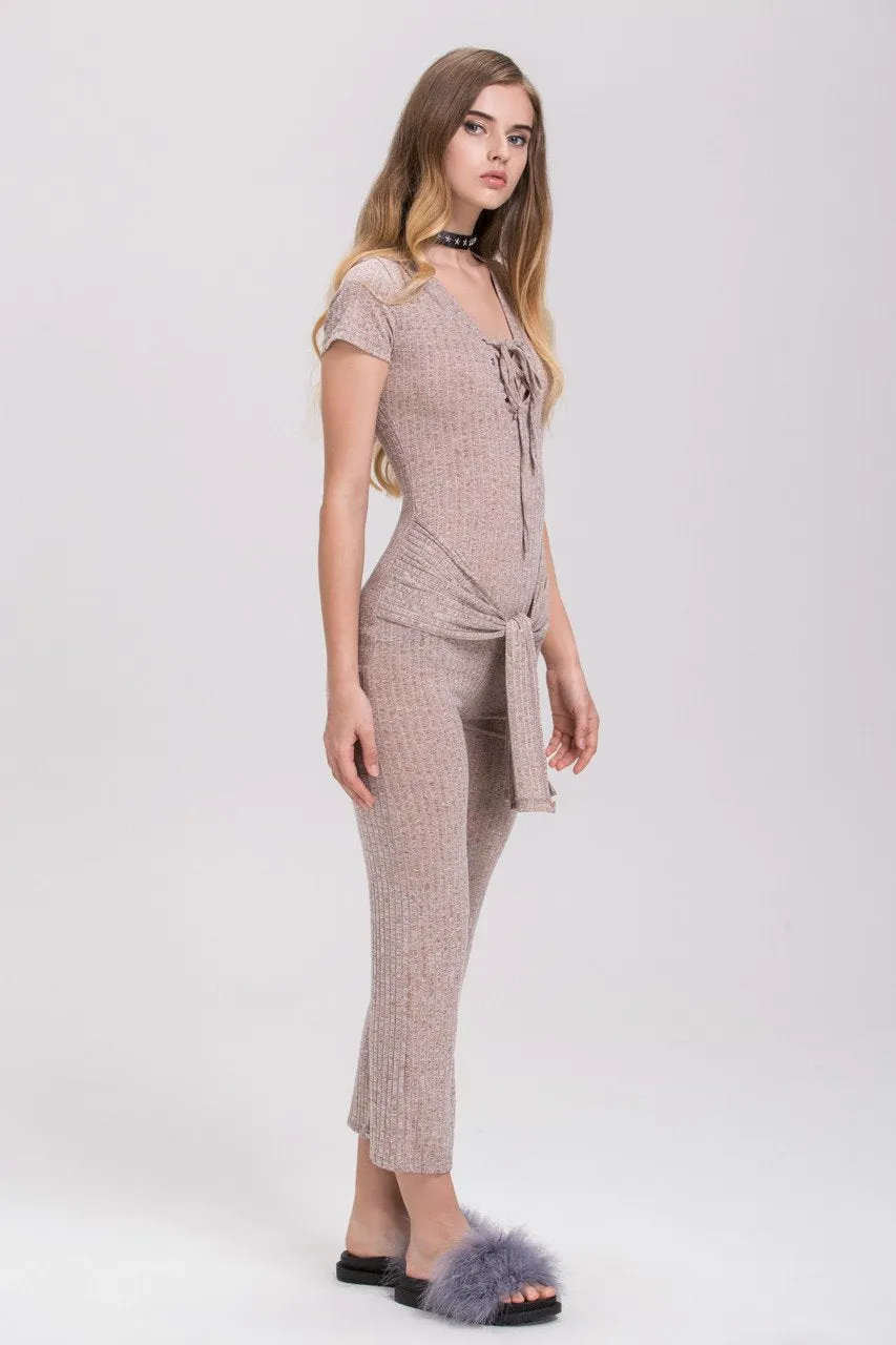 Rania Fawaz - Sand Deep V-neck Tie Waist Cotton Jumpsuit