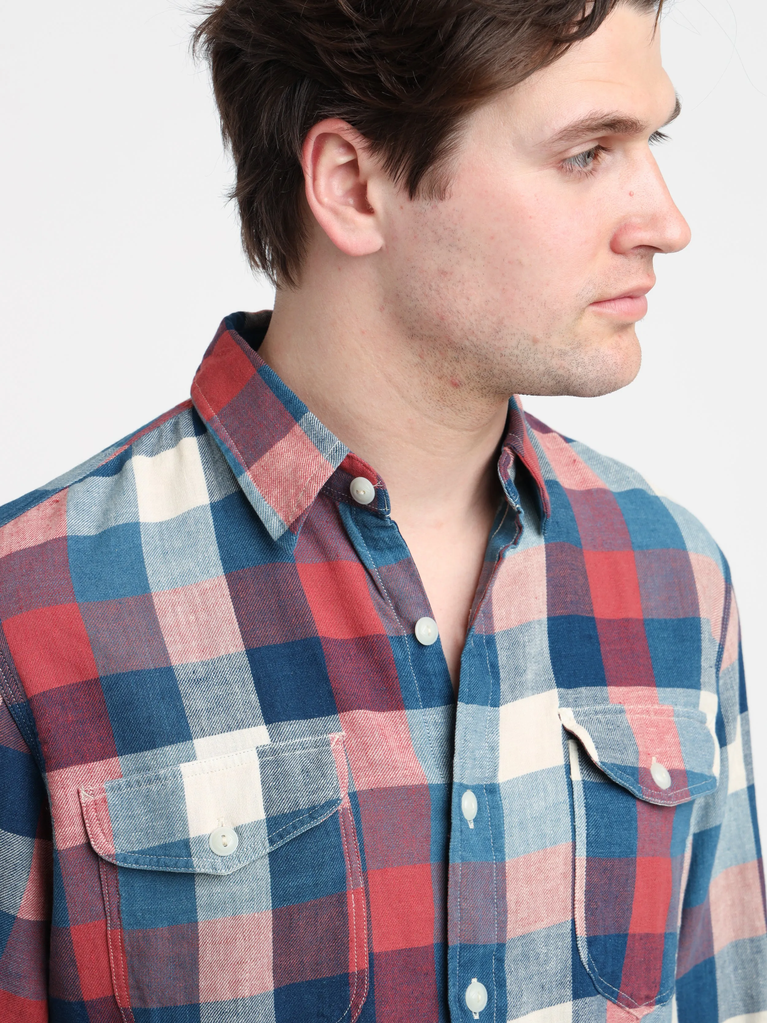 Red/Indigo Plaid Cotton-Linen Workshirt