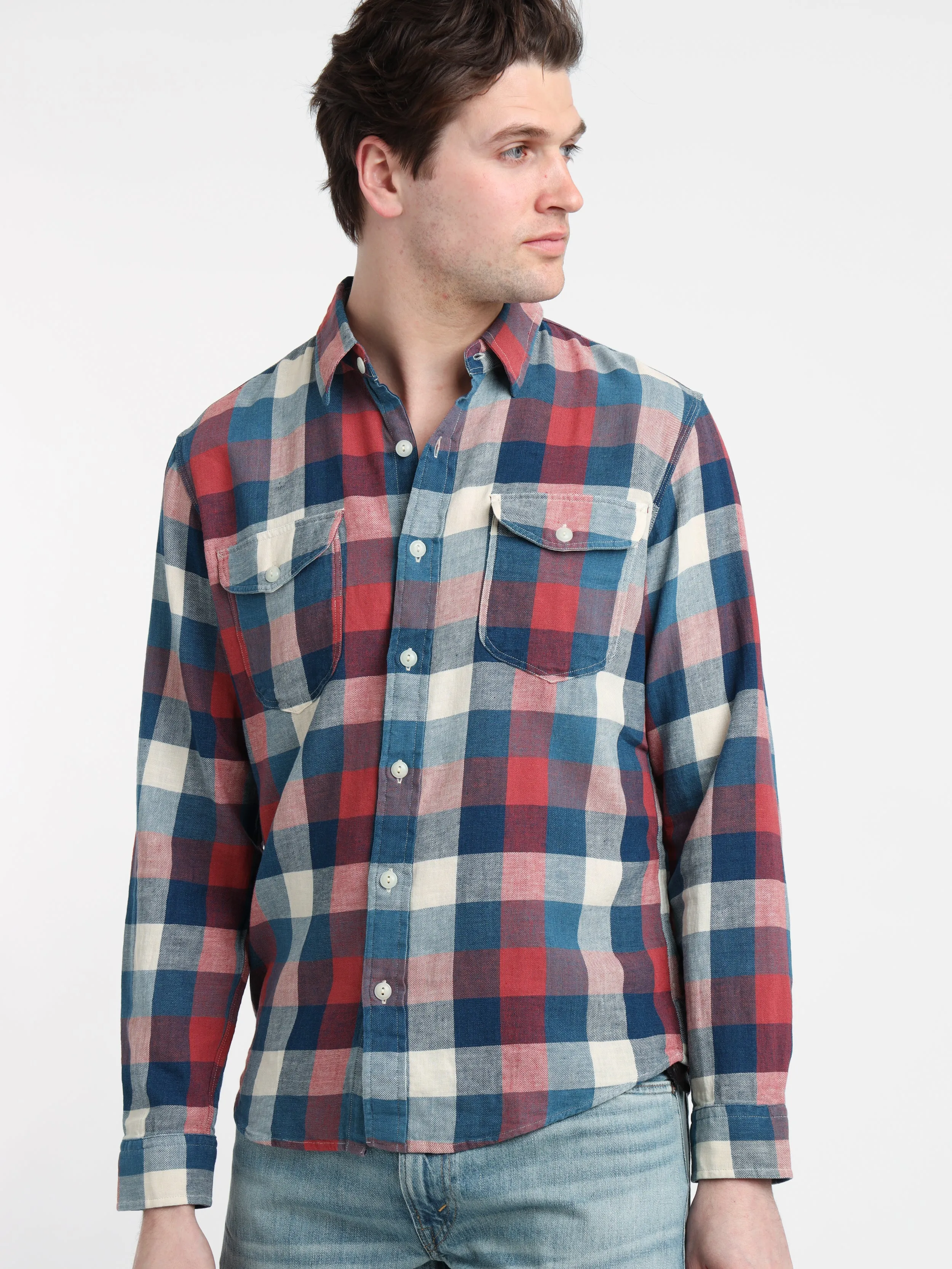 Red/Indigo Plaid Cotton-Linen Workshirt