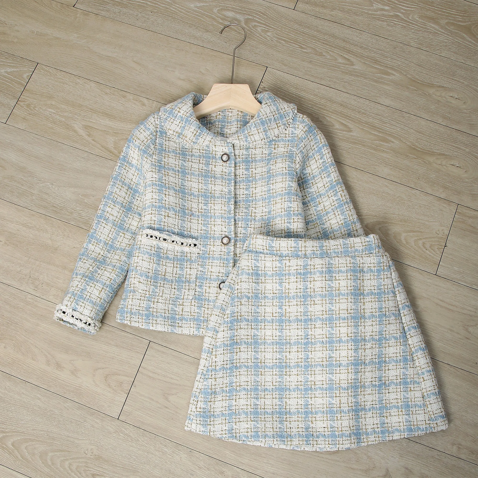 RH Girls Plaid Skirt 2P Set Long Sleeve Jacket Coat Party Dress Skirt Fall Outfit 3-10T RHK3008