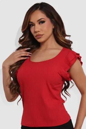 Ruffle Sleeves Rib Knit Tank Tops - Red