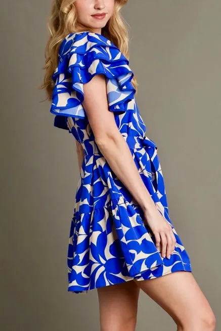 Ruffled Floral Dress with Belt Tie- Royal Blue