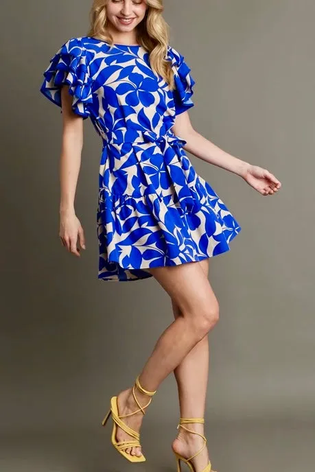 Ruffled Floral Dress with Belt Tie- Royal Blue