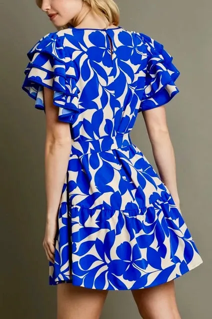 Ruffled Floral Dress with Belt Tie- Royal Blue