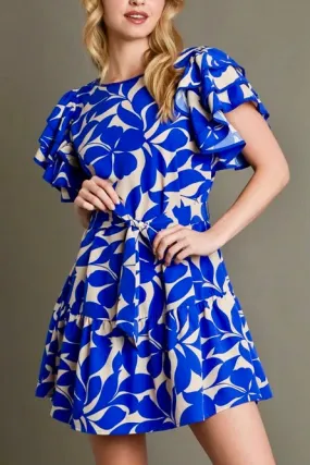 Ruffled Floral Dress with Belt Tie- Royal Blue