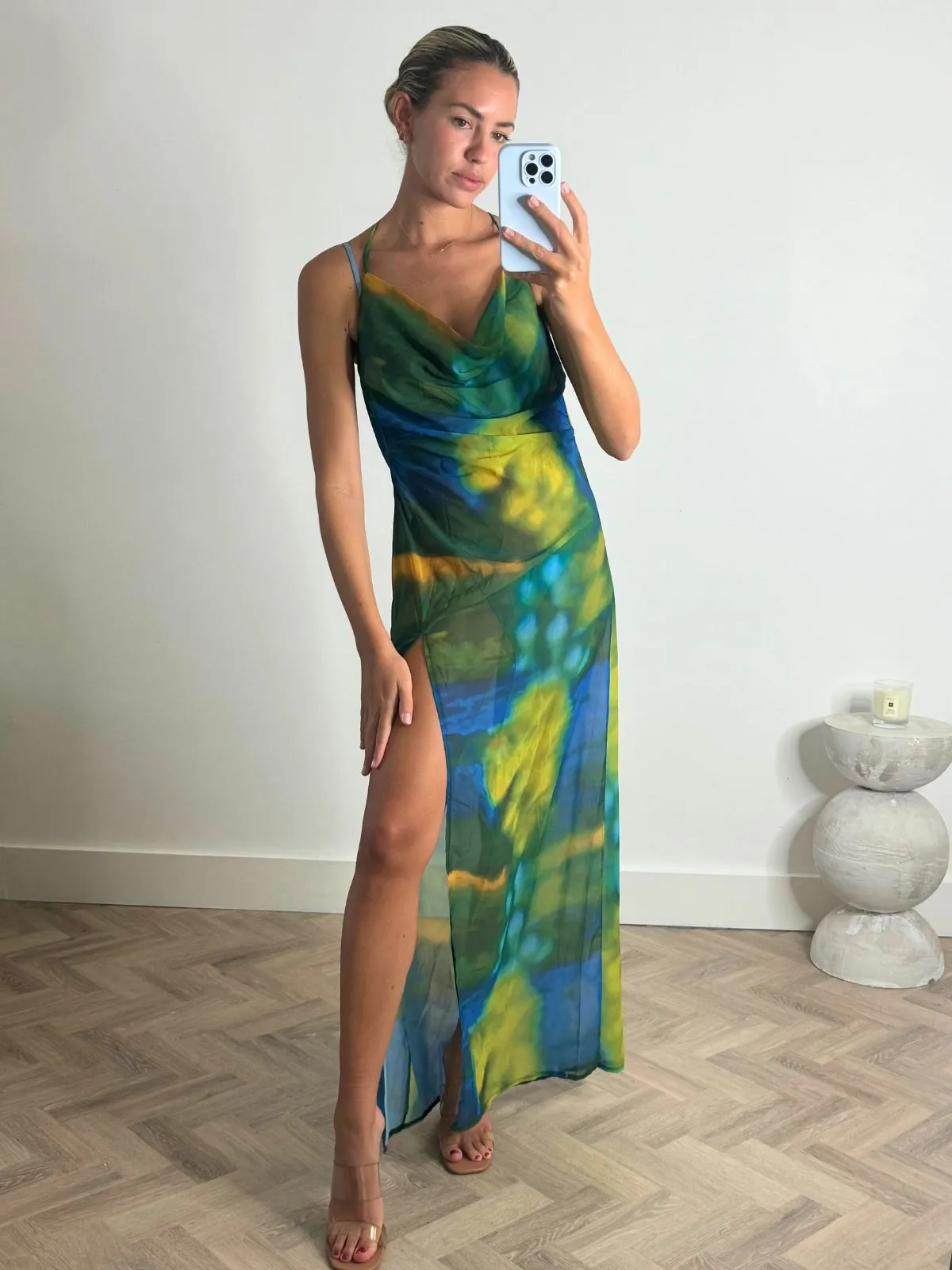 Sanchia Cowl Neck Maxi Dress in Blue and Green