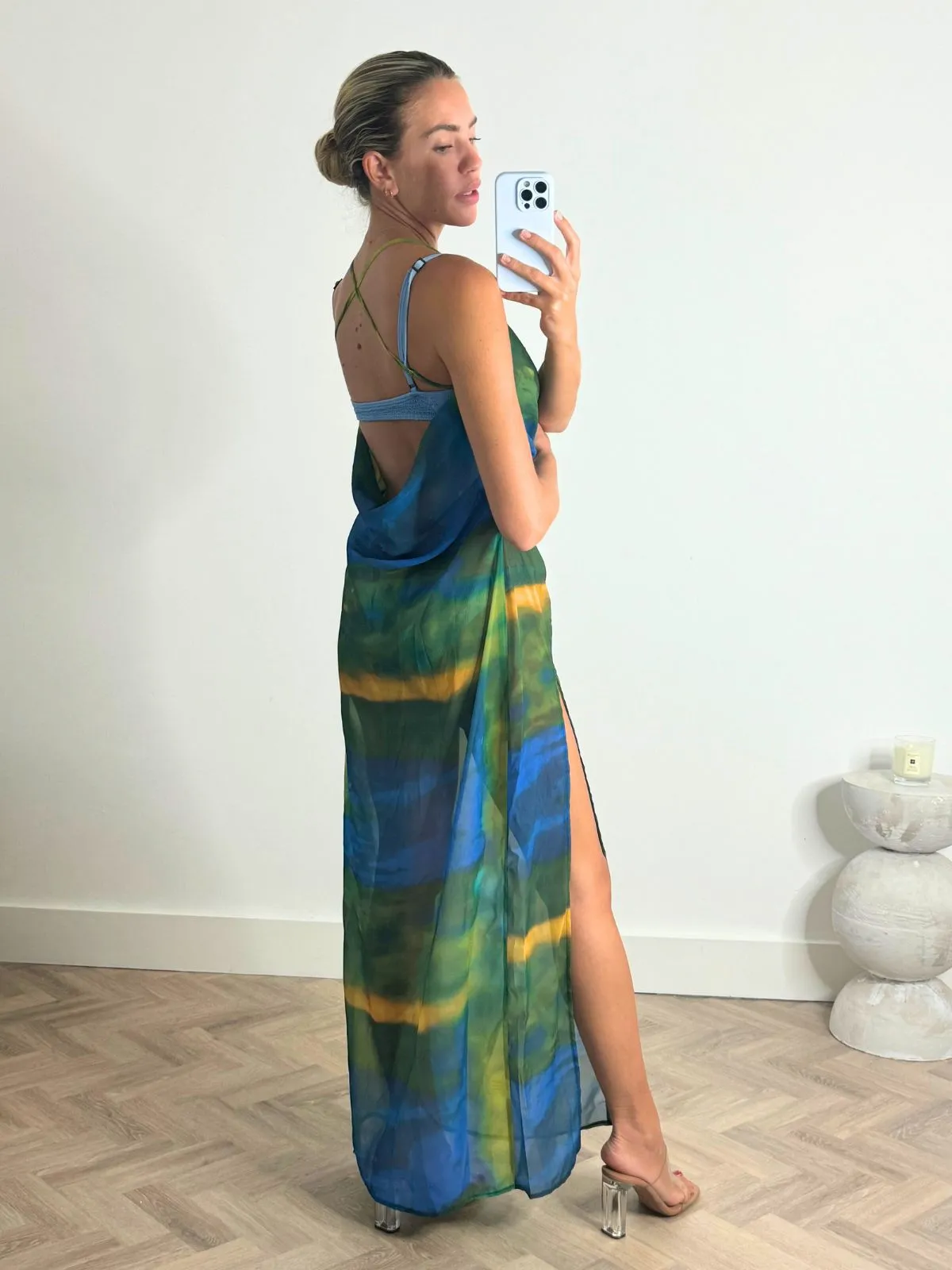 Sanchia Cowl Neck Maxi Dress in Blue and Green