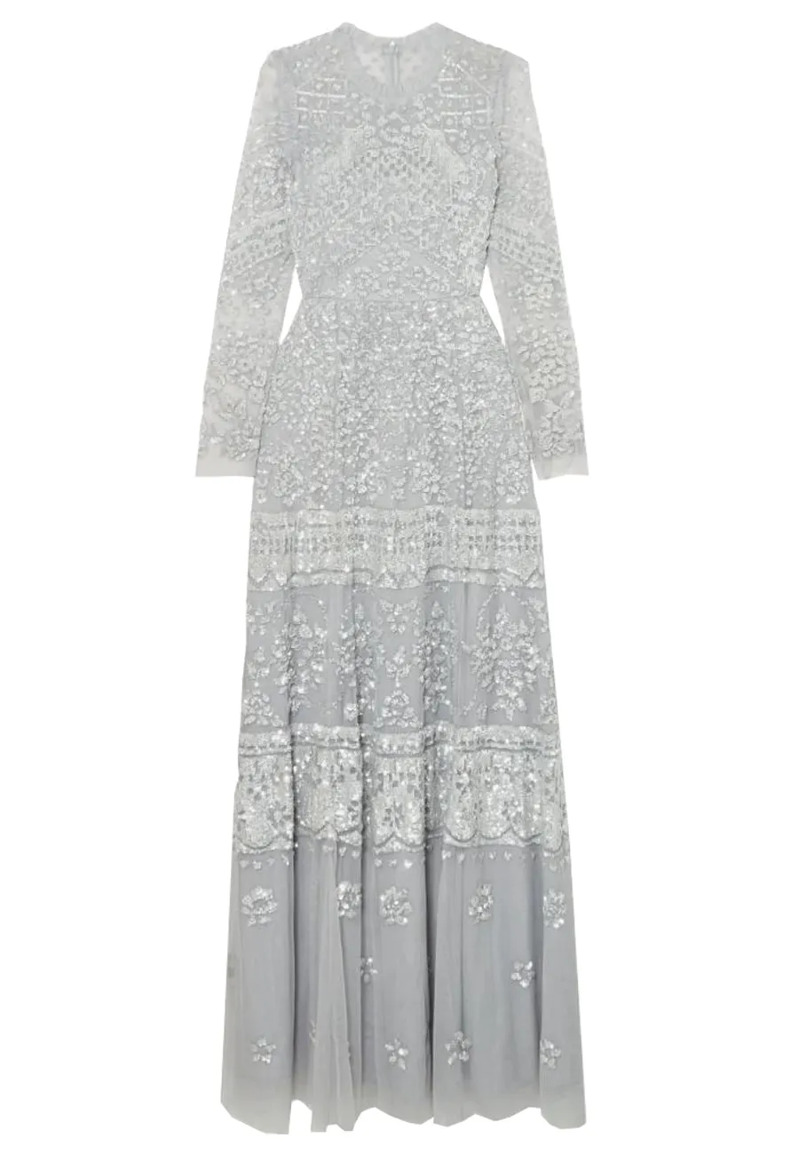 Silvery Blue Aurora Long Sleeves Embellished Gown