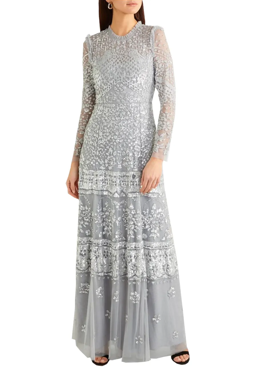 Silvery Blue Aurora Long Sleeves Embellished Gown