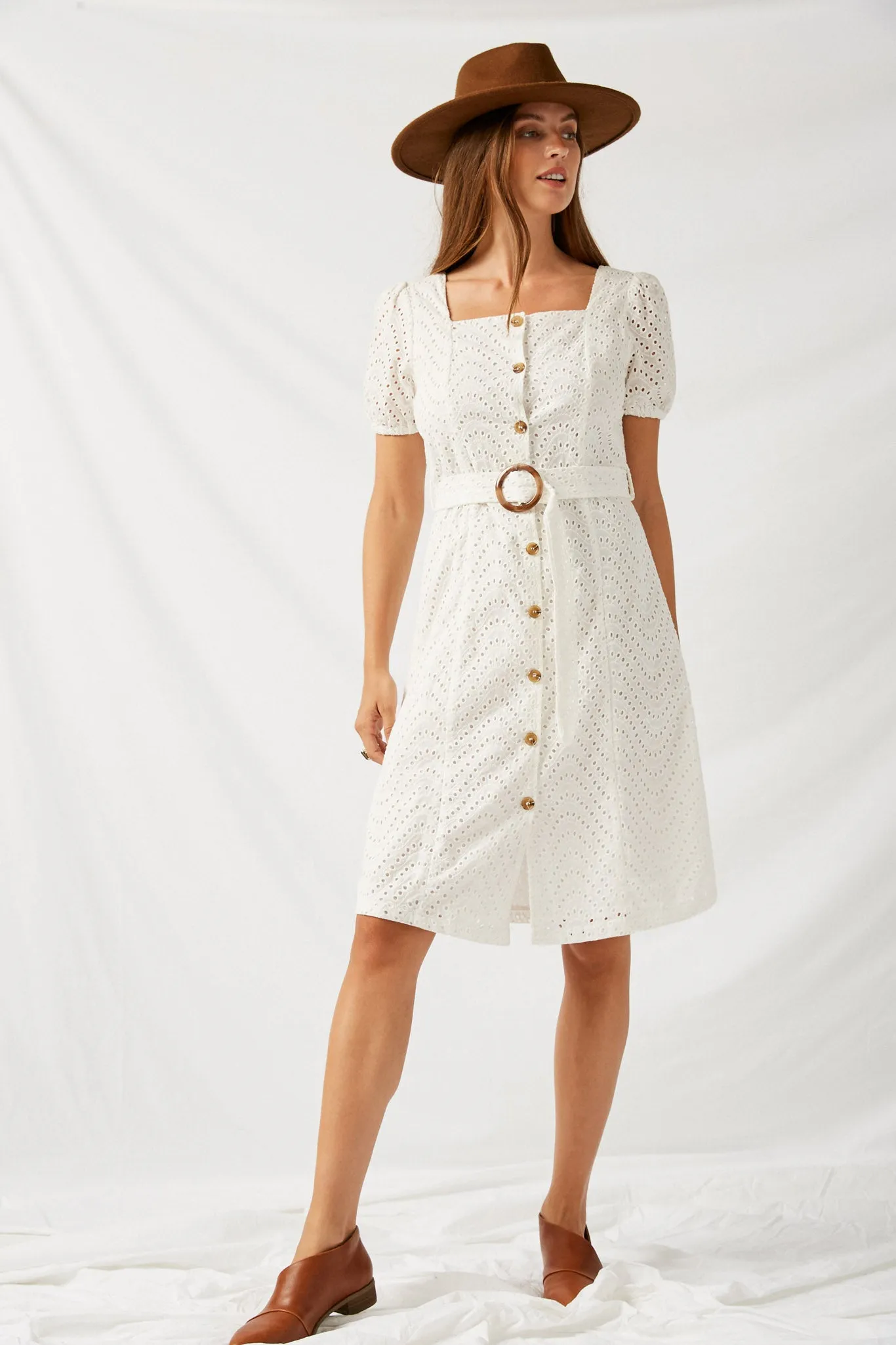 Square Neck Button Down Eyelet Dress