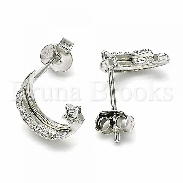 Sterling Silver 02.367.0003 Stud Earring, Moon and Star Design, with White Crystal, Polished Finish, Rhodium Tone