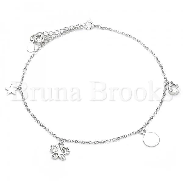 Sterling Silver 03.336.0051.10 Charm Anklet , Butterfly and Star Design, with White Cubic Zirconia, Polished Finish, Rhodium Tone