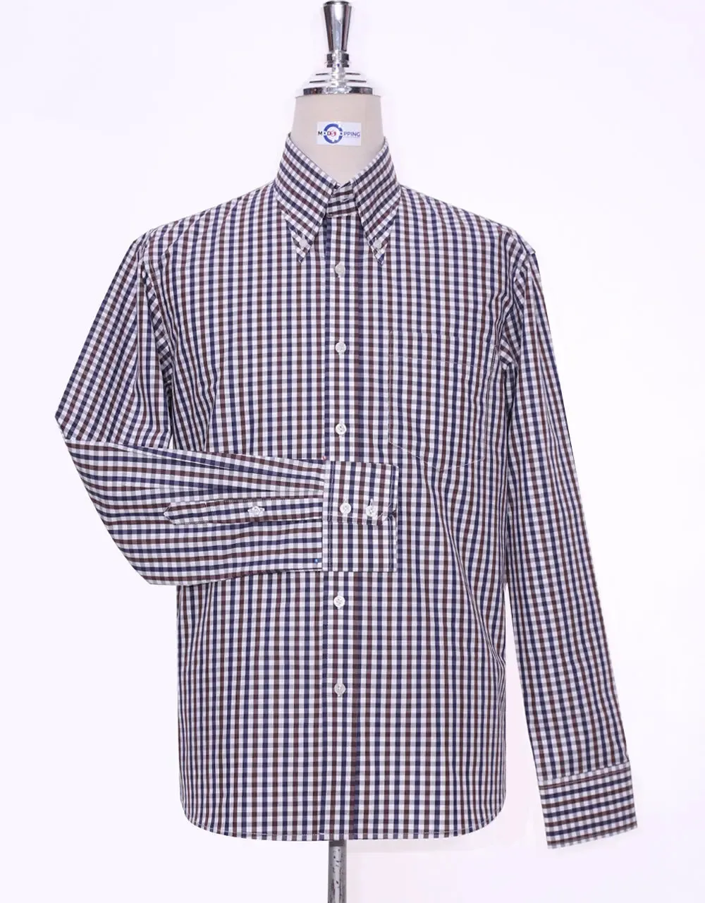 This Shirt Only - Brown And Navy Blue Gingham Check Shirt