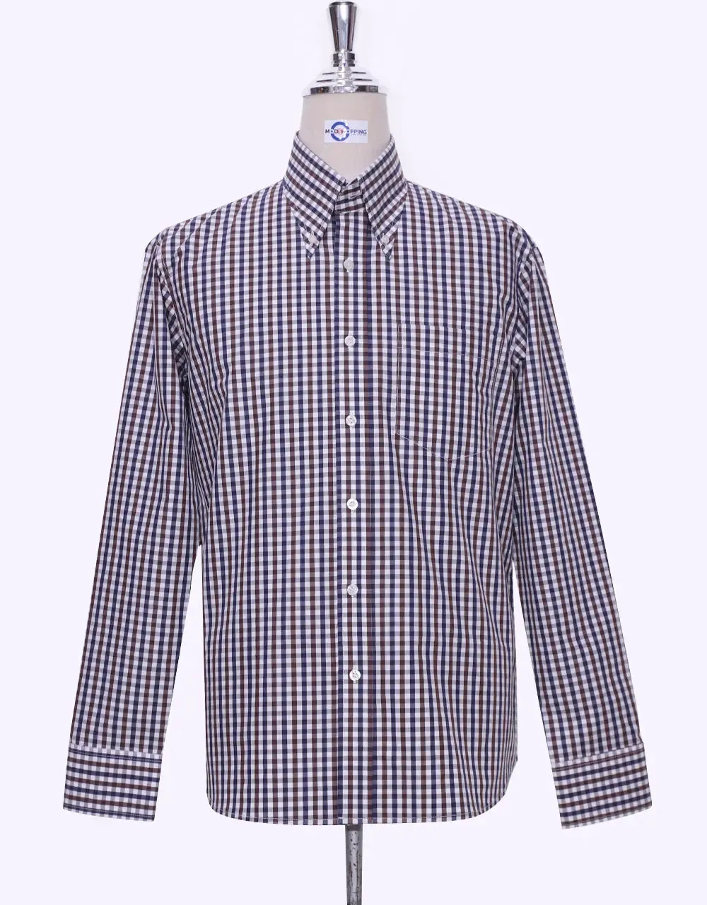 This Shirt Only - Brown And Navy Blue Gingham Check Shirt