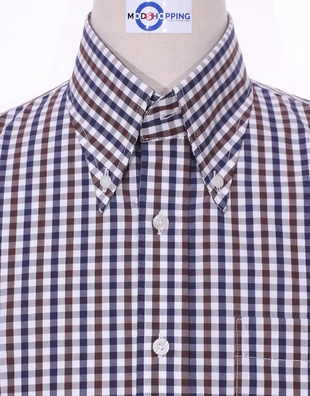 This Shirt Only - Brown And Navy Blue Gingham Check Shirt