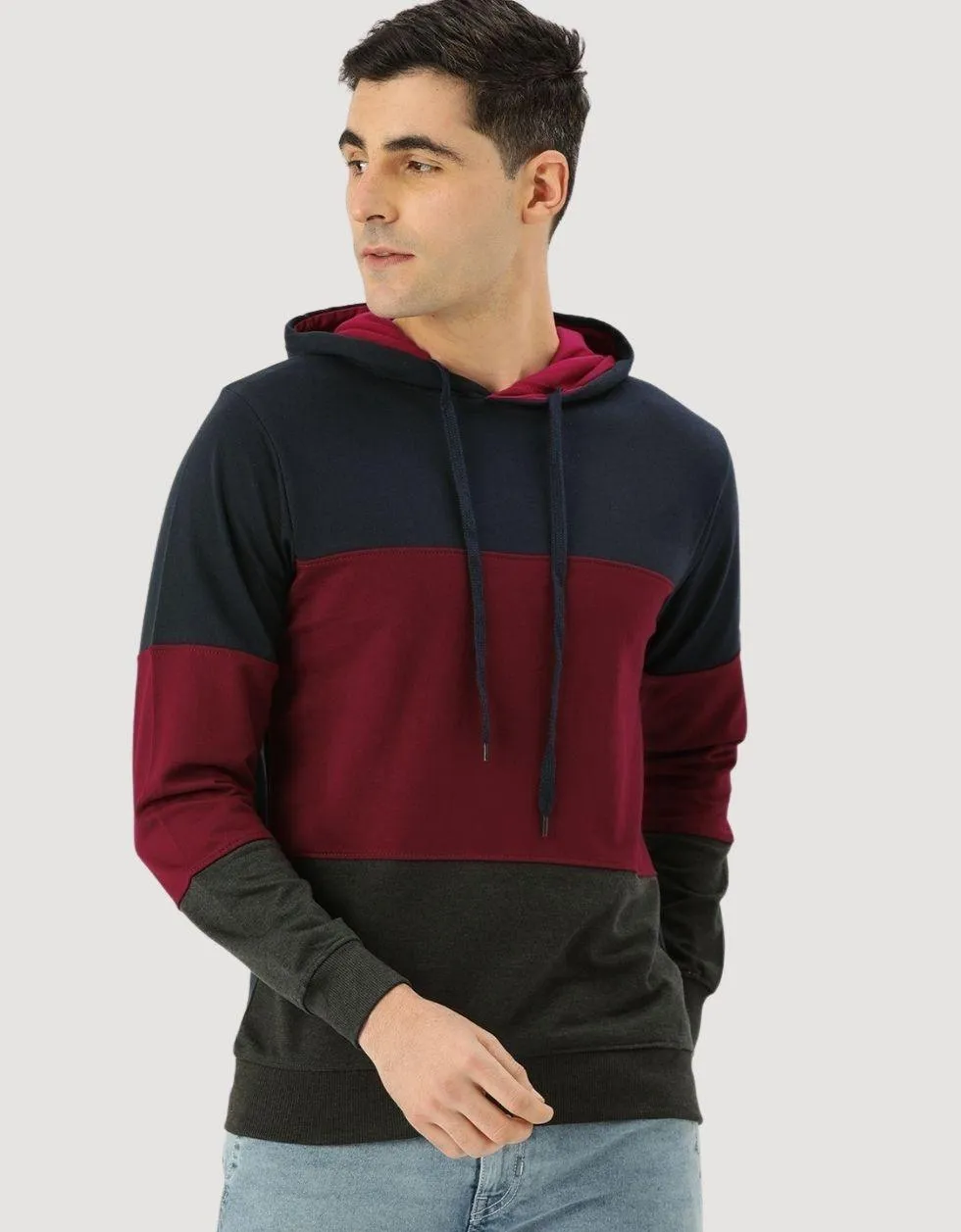 Tri-Tone Maroon ColorBlock Regular Hoodie