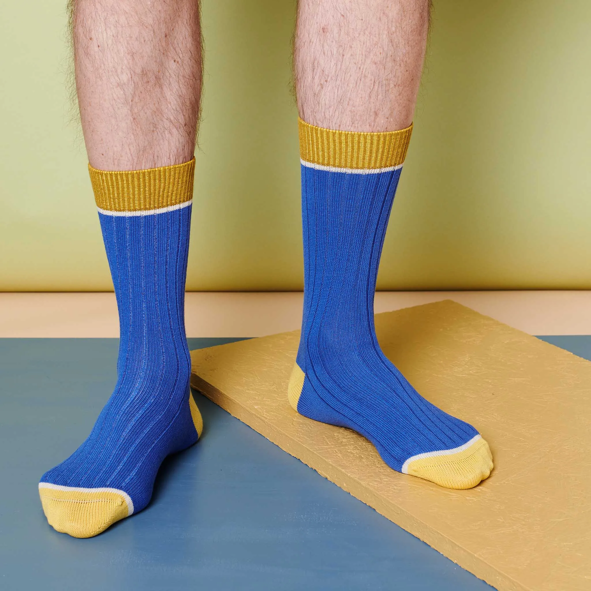 Unisex Organic Cotton Ribbed Ankle Socks - Blue Block