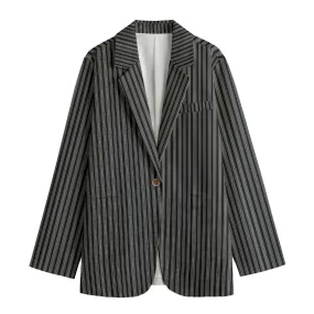 Vampire Art 100% Cotton Vintage Grandad Stripes in Black Women's Leisure Blazer | 245GSM Cotton