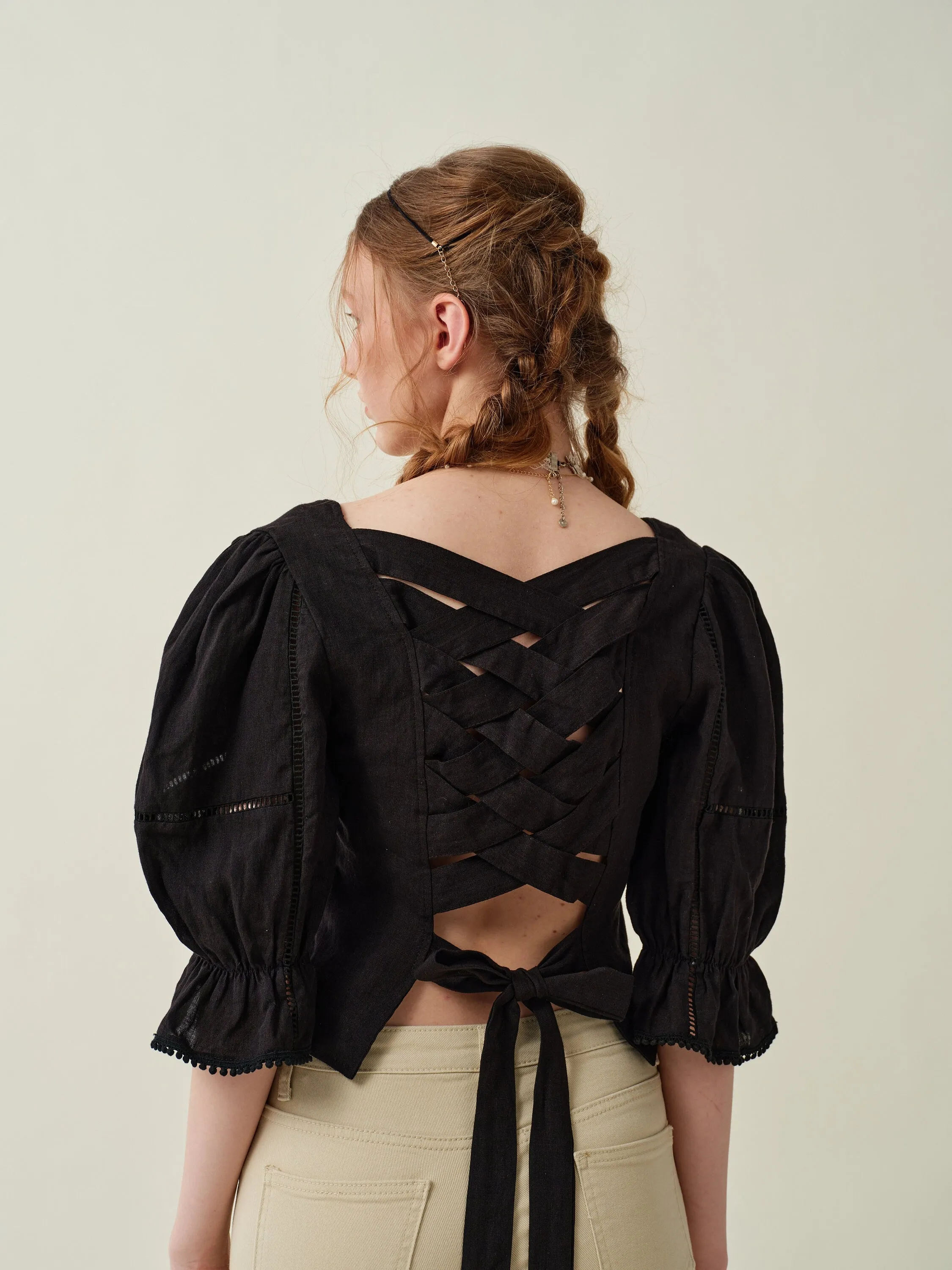 Vetiver 33 | Cross back linen blouse top