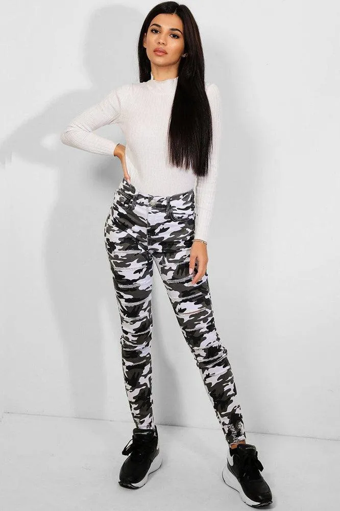 White Camouflage Print Distressed Skinny Jeans