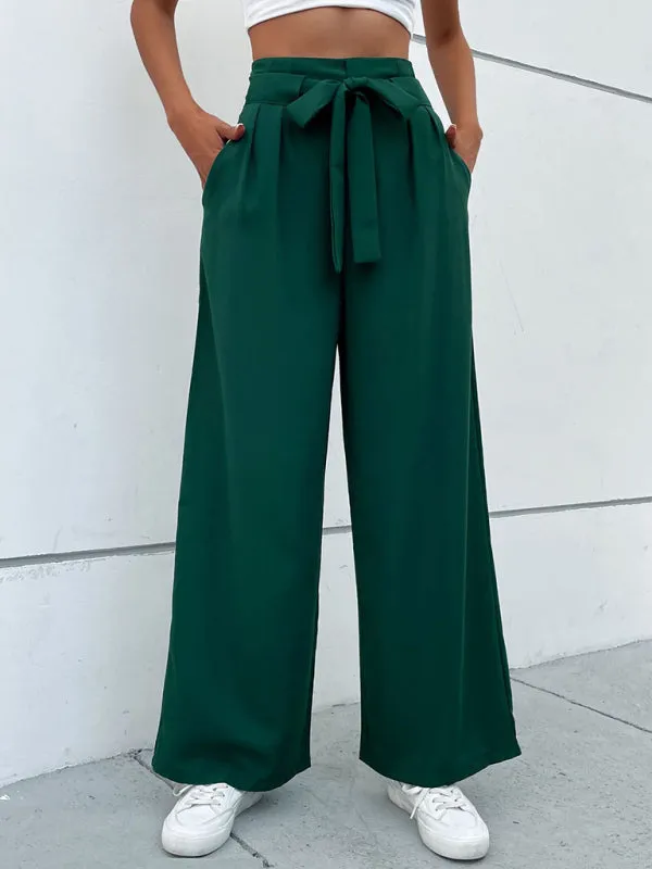 Women's Dark Green Tie Waist Wide Leg Trousers