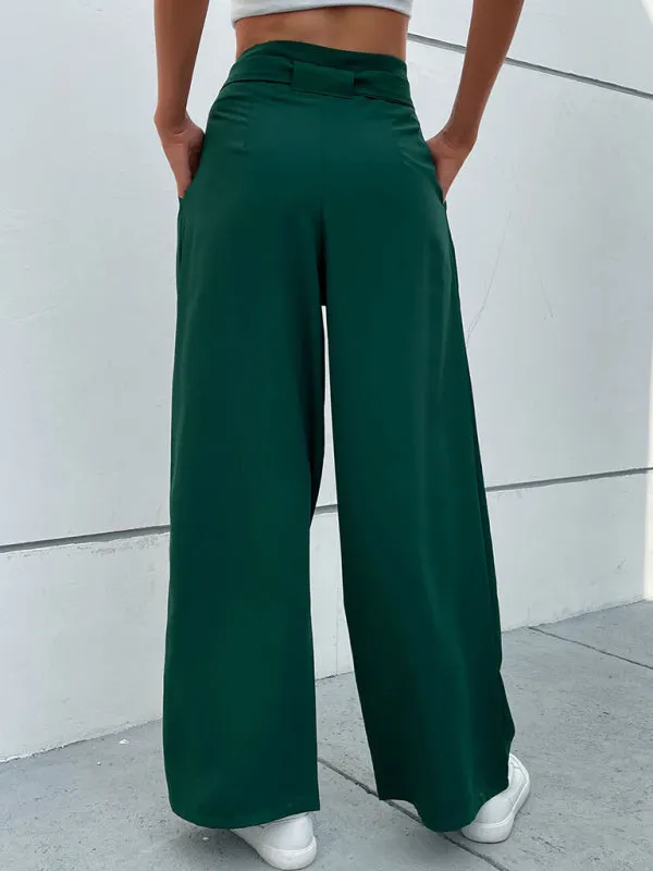 Women's Dark Green Tie Waist Wide Leg Trousers