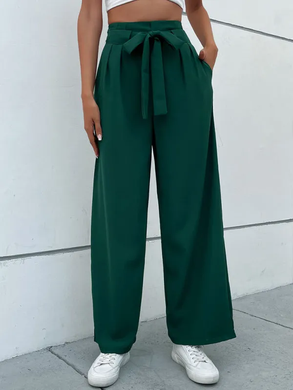 Women's Dark Green Tie Waist Wide Leg Trousers